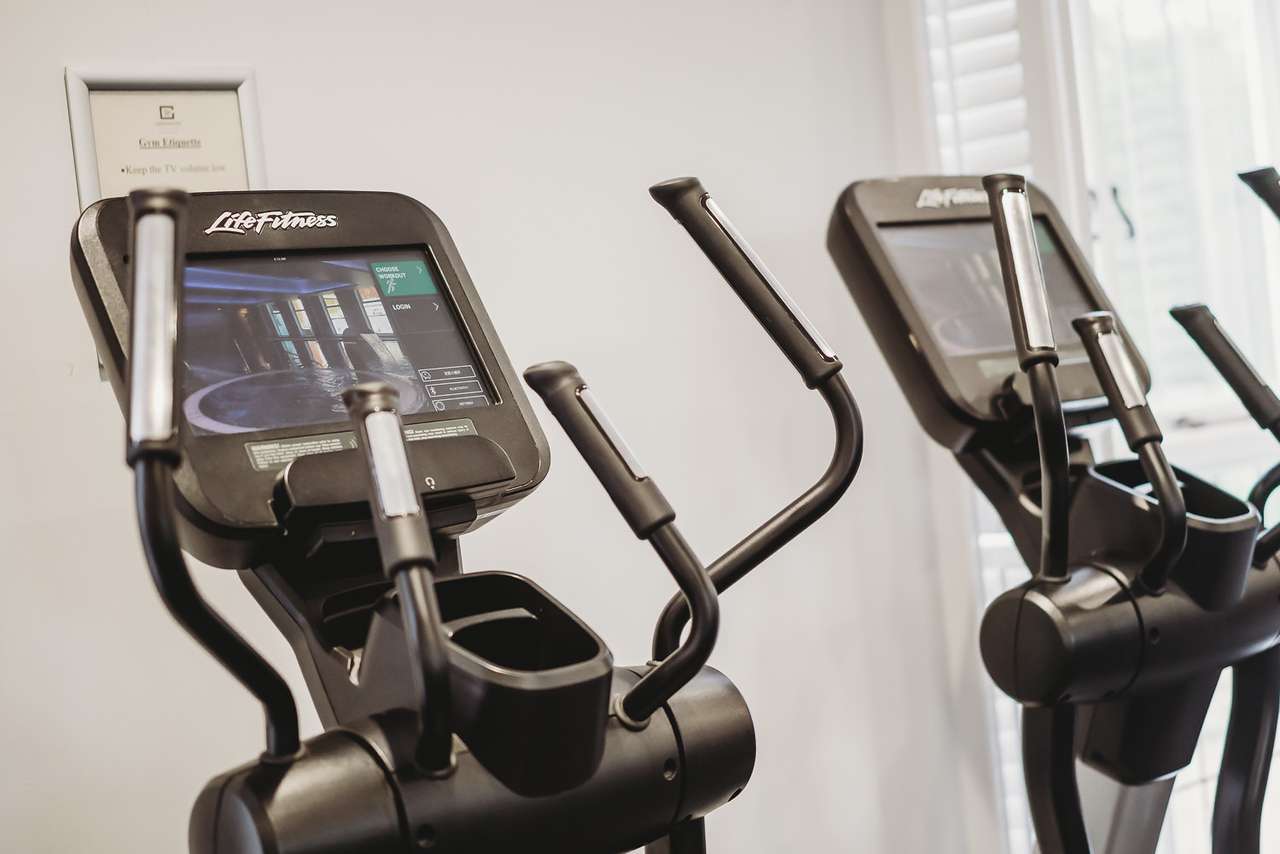 Touchscreen display on elliptical machine at Greenwoods Hotel fitness centre
