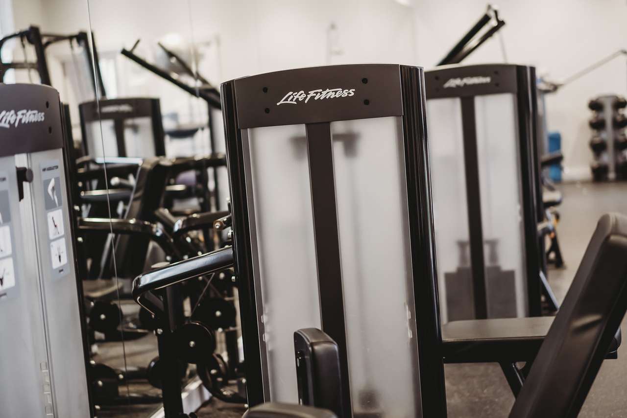 Close-up of Life Fitness strength training machines in Greenwoods Hotel gym