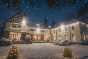 Christmas at Greenwoods Hotel & Spa. Front exterior of Greenwoods Hotel at night decorated with warm white Christmas lights and snow on the roof, hedges, and cars, creating a festive holiday atmosphere.