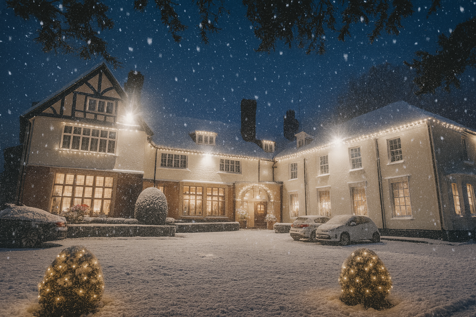 Christmas at Greenwoods Hotel & Spa. Front exterior of Greenwoods Hotel at night decorated with warm white Christmas lights and snow on the roof, hedges, and cars, creating a festive holiday atmosphere.