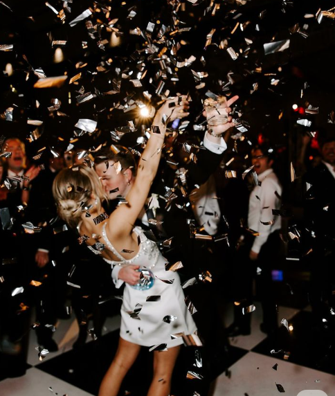 Couple celebrating during an evening wedding party with confetti on the dance floor at Greenwoods Hotel and Spa.