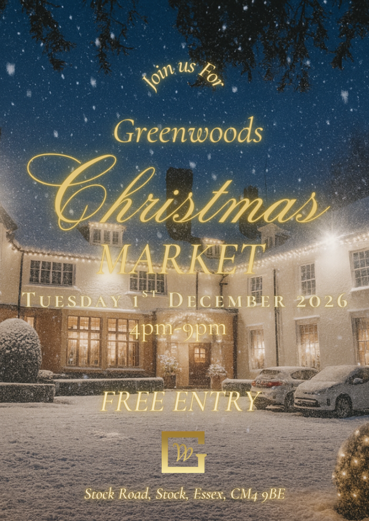 Greenwoods Christmas Market 2026 Poster Image. Greenwoods Christmas Market at Greenwoods Hotel & Spa in Essex on Tuesday 1st December 2026, with free entry from 4pm to 9pm.
